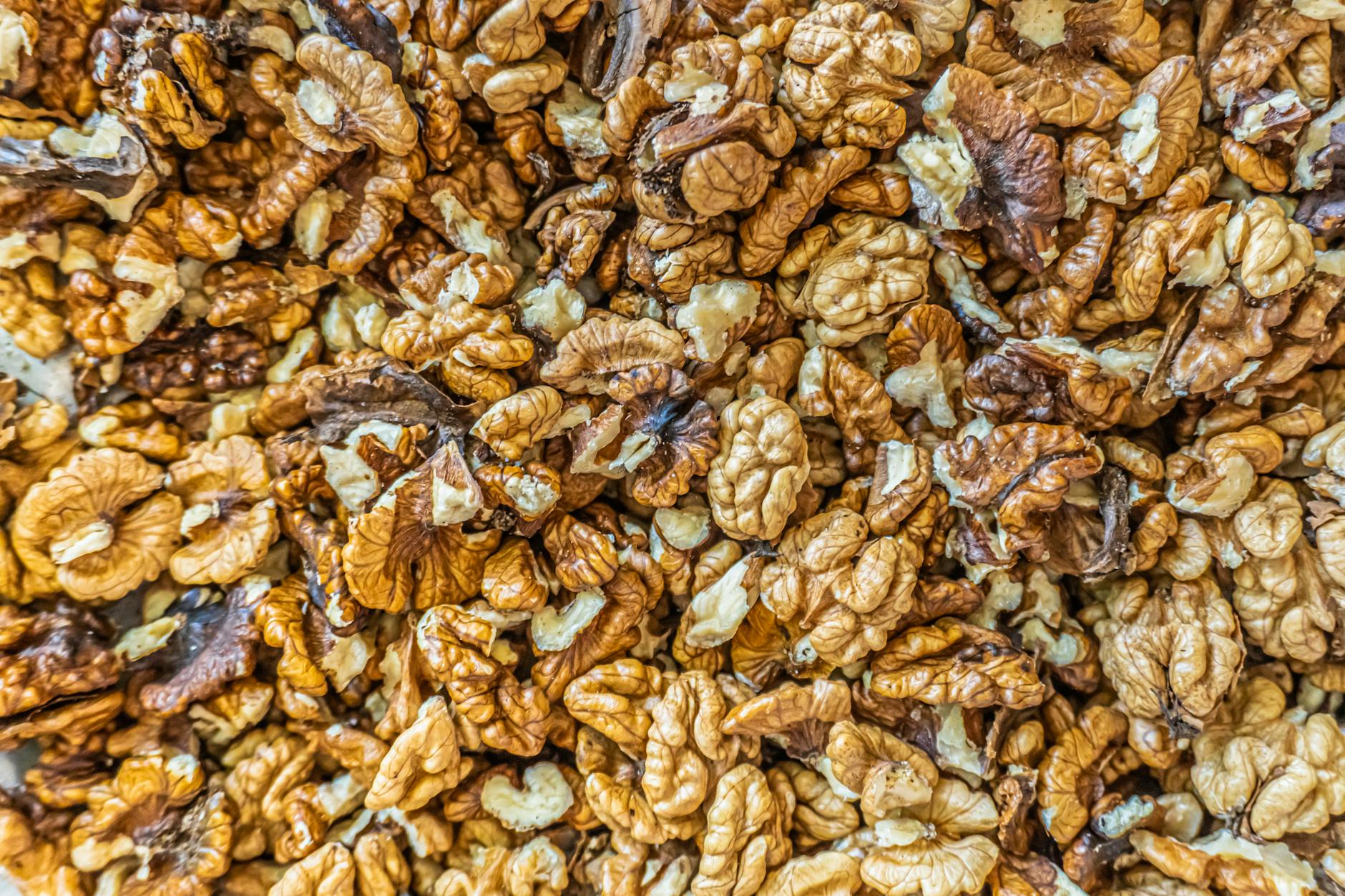 Top view of numerous shelled walnuts clustered together, ideal for culinary and health-related content.
