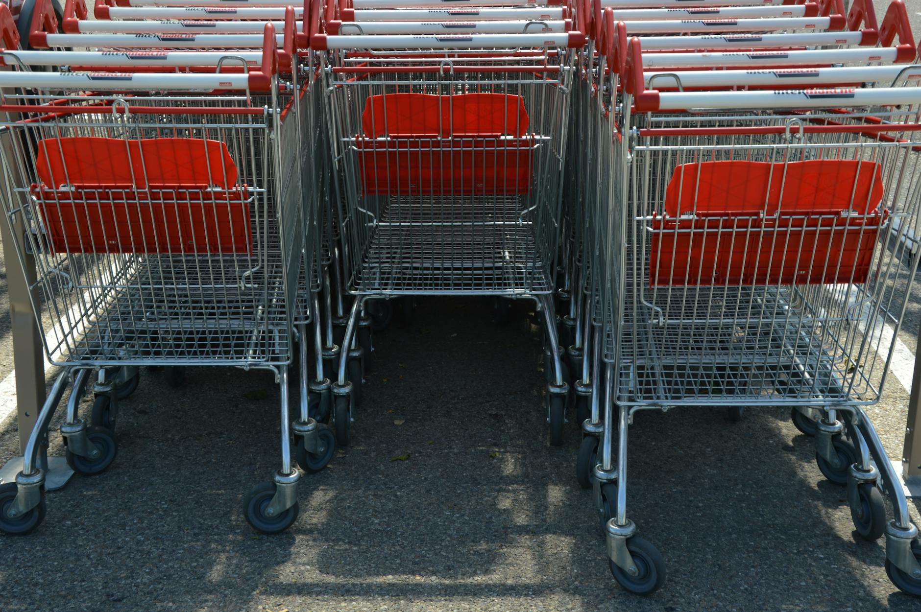 Neatly arranged shopping carts lined up in an outdoor parking lot.