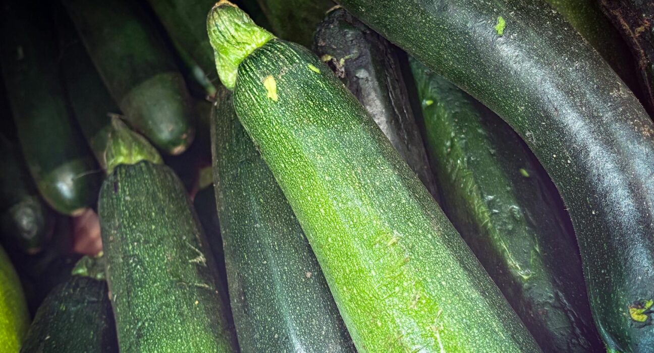 A close-up view of fresh green zucchinis showcasing their vibrant texture.